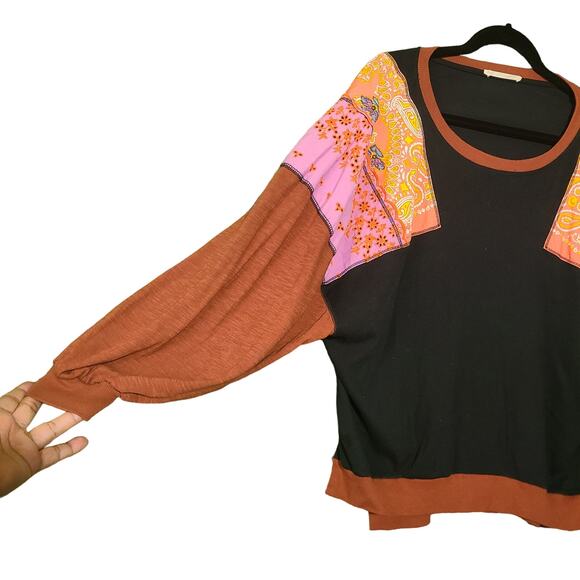 Free People Feelin’ It Embroidered Patchwork Top | Black & Brown | Boho Chic M - Picture 4 of 13